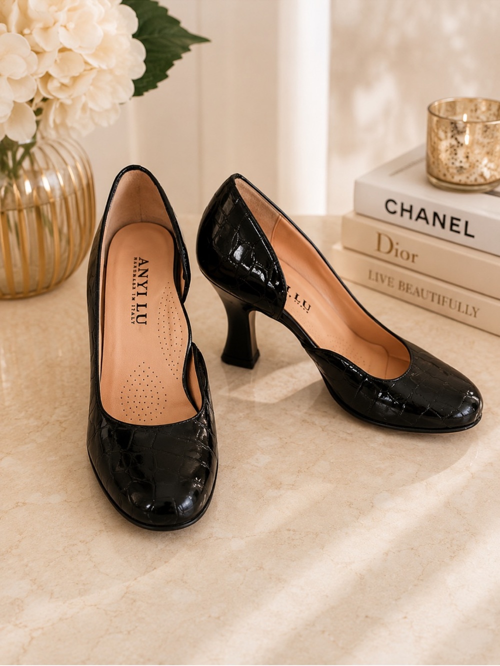 Anyi Lu Black Croc Embossed Leather D’Orsay Pumps Heels Italy Size 8
